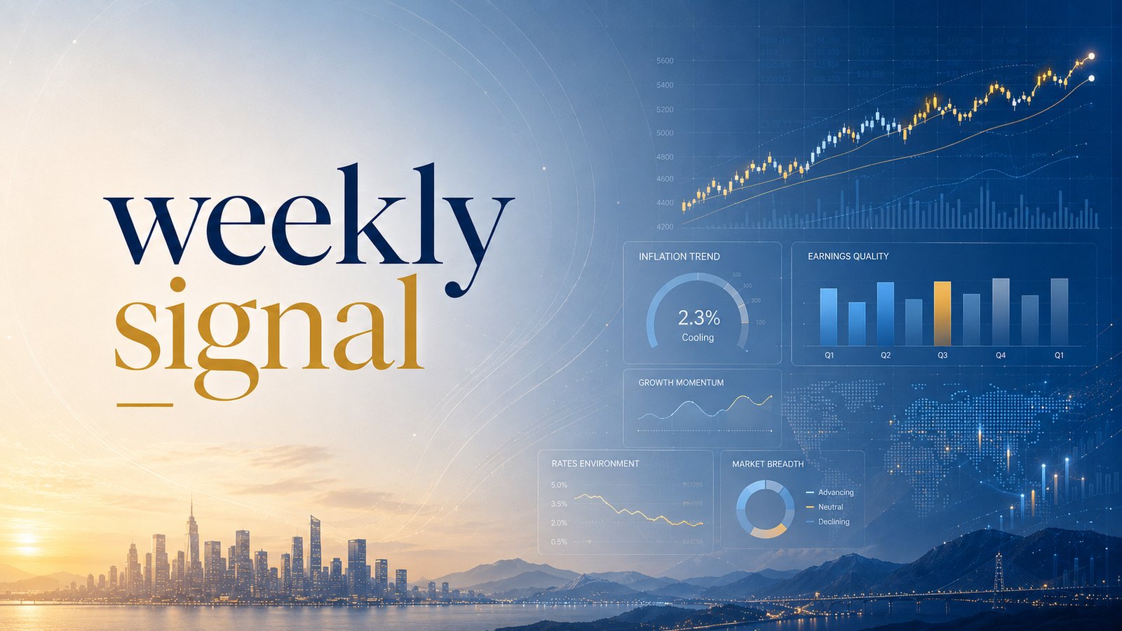 Weekly Signal cover — dashboard tiles over a market backdrop: the week the AI build-out index came back to the door of its range.