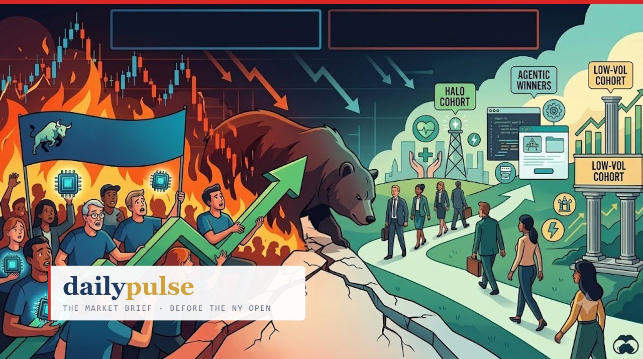 Editorial illustration: on the left, semiconductor investors holding chip signs stand amid flames as a bear looms over a cracking cliff — the old winners at risk; on the right, a green path leads toward signposts reading HALO Cohort, Agentic Winners and Low-Vol Cohort — the rotation destinations.