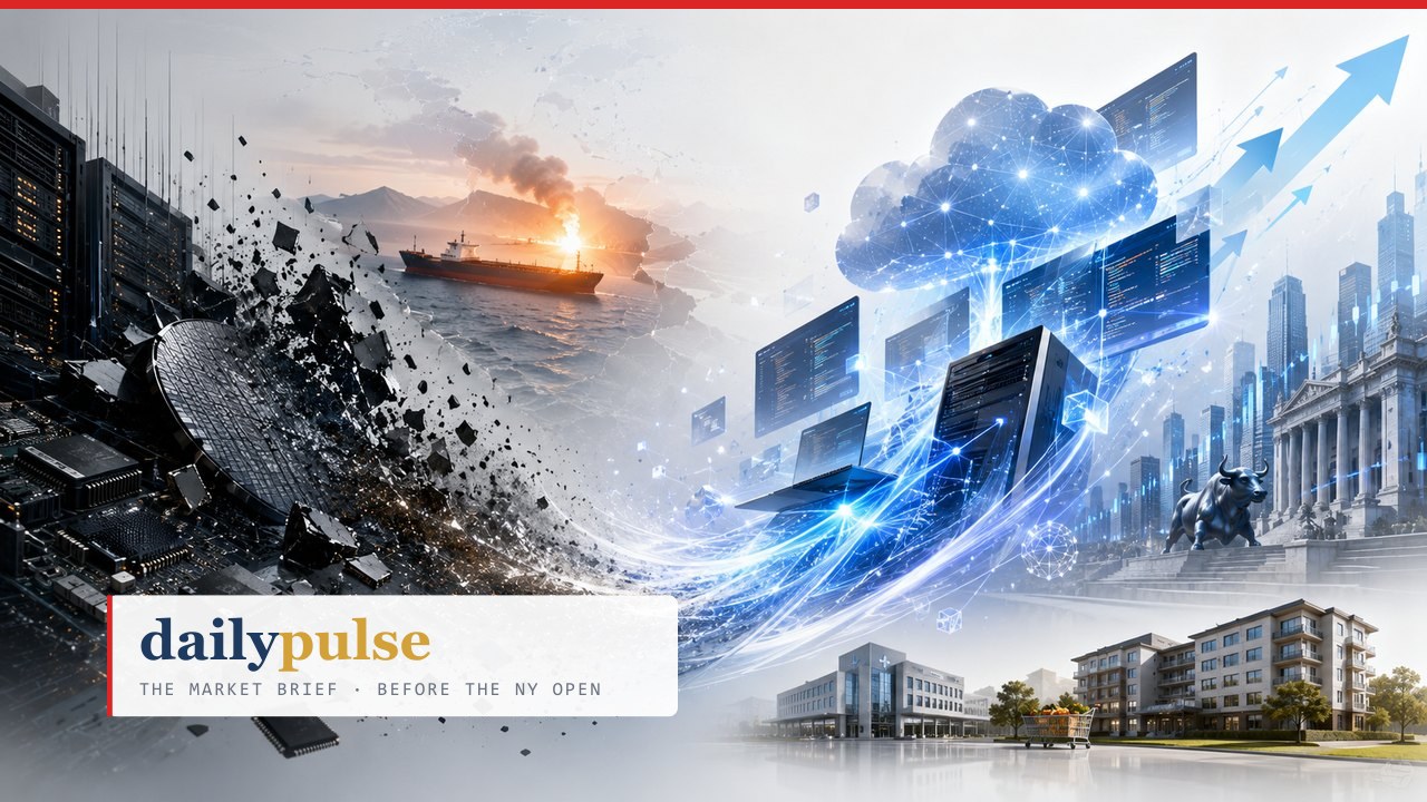 Editorial illustration: on the left a silicon wafer and chips shatter into fragments; behind them a tanker burns at sea off a mountainous strait; a blue stream of software screens and cloud infrastructure sweeps up and to the right toward a bull, exchange architecture and rising arrows, with health-care and residential buildings in the foreground — the rotation from silicon into services, with the Hormuz risk burning in the background.