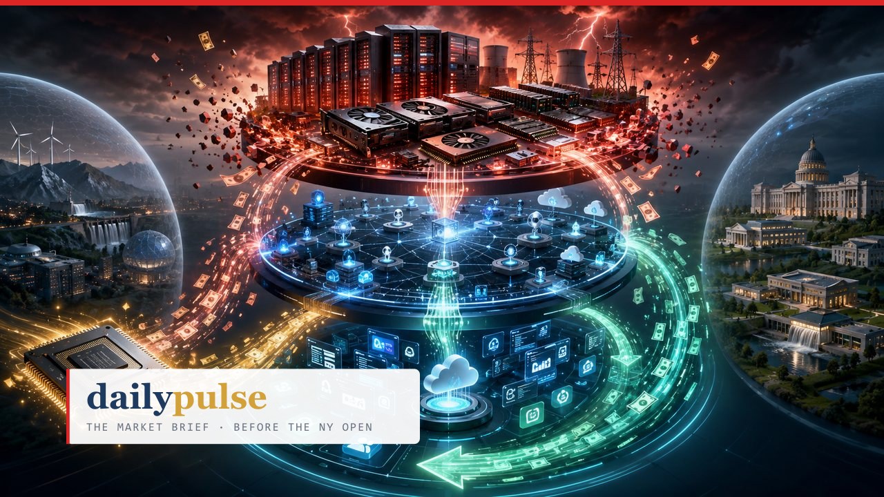 Editorial illustration of money walking down the AI stack: at the top a storm-red build-out layer of GPU racks, chips and power infrastructure sheds fragments and banknotes; the flows stream down into a calm blue operating layer of networked agents and cloud rails; below it a green deployment layer of application screens catches the rotation, flanked by a chip on the left and exchange architecture on the right — the week rotating against the year.