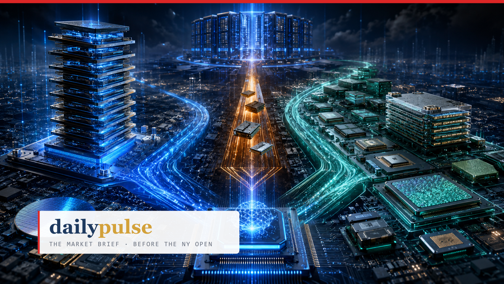 Editorial illustration of the memory supercycle as a circuit-board city at night: a stacked HBM tower glowing blue on the left, a data-center citadel on the horizon and a district of packaged memory dies in green on the right — three complexes whose light-trails all converge on a single accelerator chip with a neural core at the center.