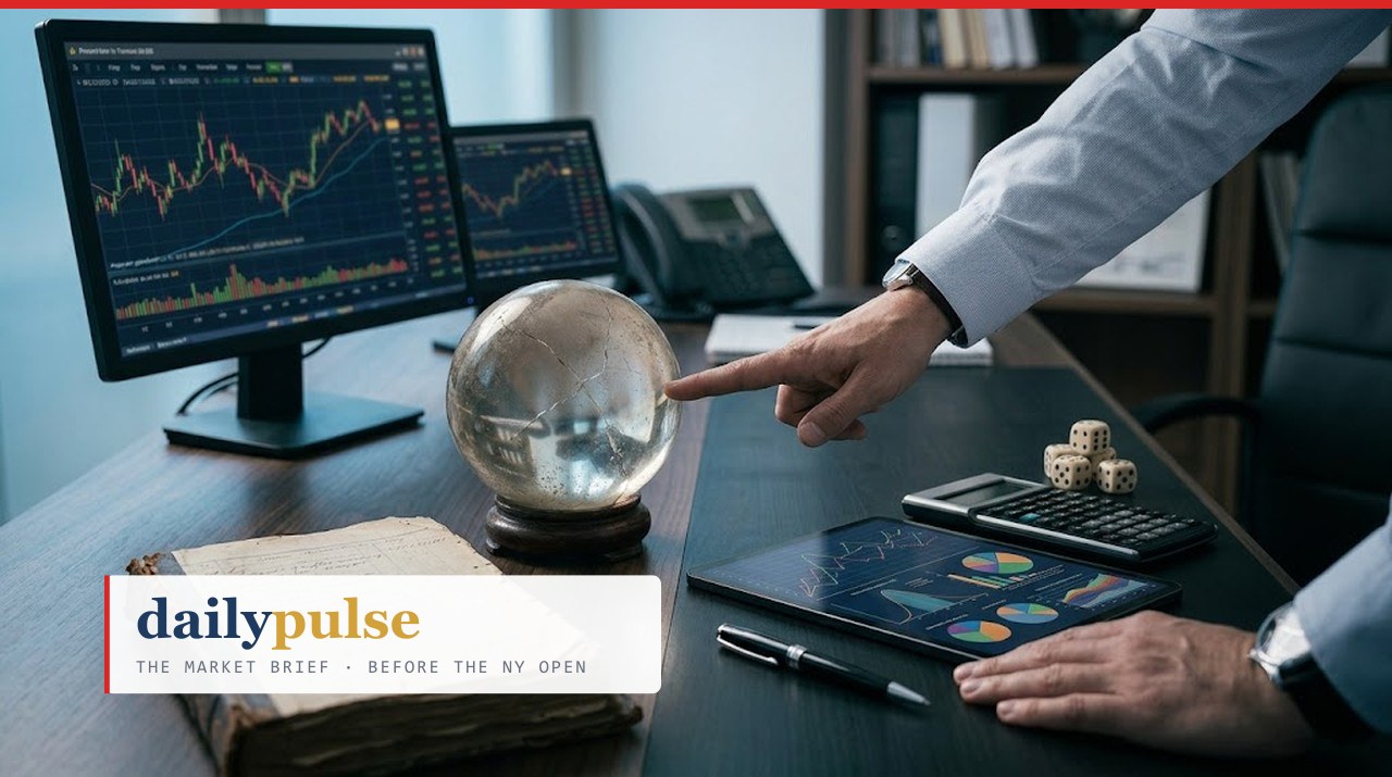 A hand points at a cracked crystal ball on a trading desk — market charts on the monitors behind it, a worn handwritten ledger, dice and a calculator laid out in front: the trade log and probability over prophecy.