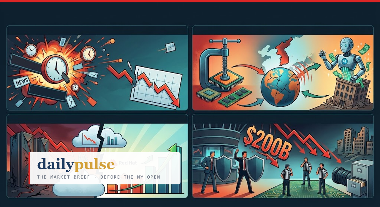 Four illustrated panels of the IBM day: a breaking-news shock with a falling chart, a vice squeezing memory chips beside Korea and an AI robot taking the money, a crumbling legacy tower against rising modern-software bars, and referees inspecting a two-hundred-billion-dollar decline on a trading floor.