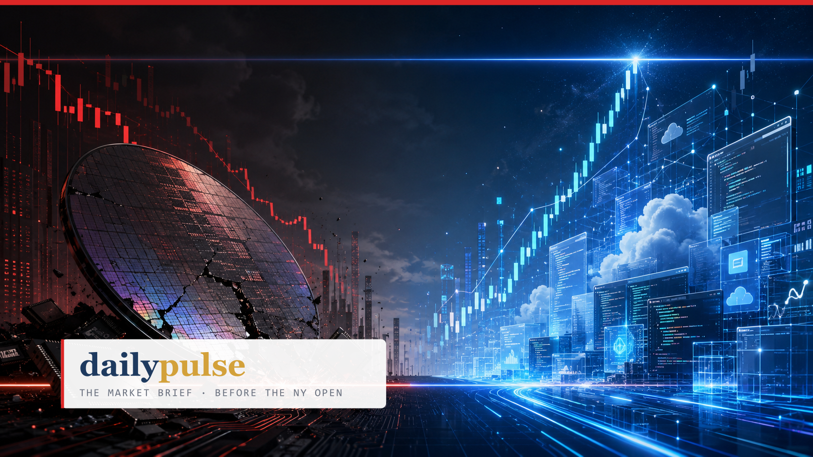 A cracked silicon wafer under a series of red falling candles on one side; a glowing cloud-computing skyline with blue rising candles pressing against a horizontal resistance line on the other — semis at support, software at breakout.