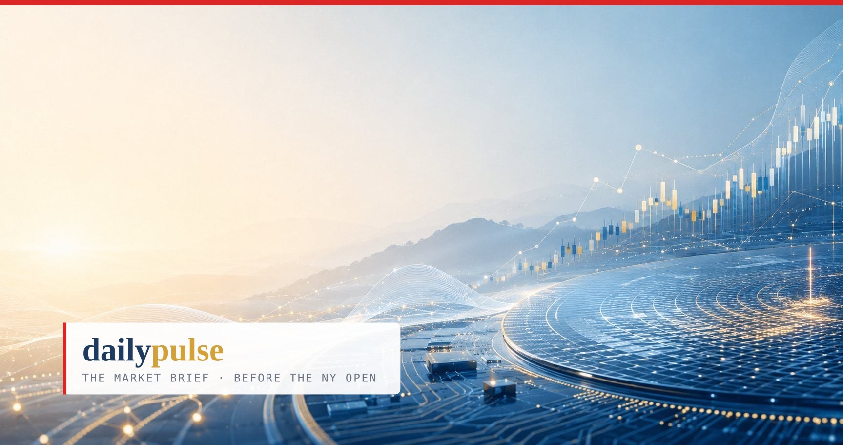 Daily Pulse cover — a circuit-board landscape with a wafer disc under rising candles: the AI trade repricing its premium after the labs asked for a slower frontier