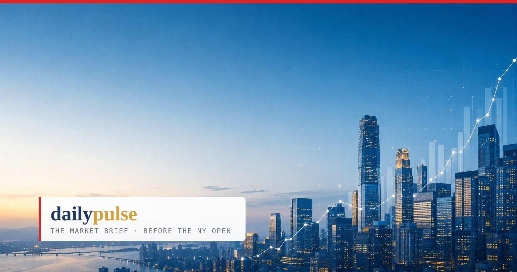 Earnings Week — Banks First, Then the AI Test: a city skyline at dusk with a rising line
