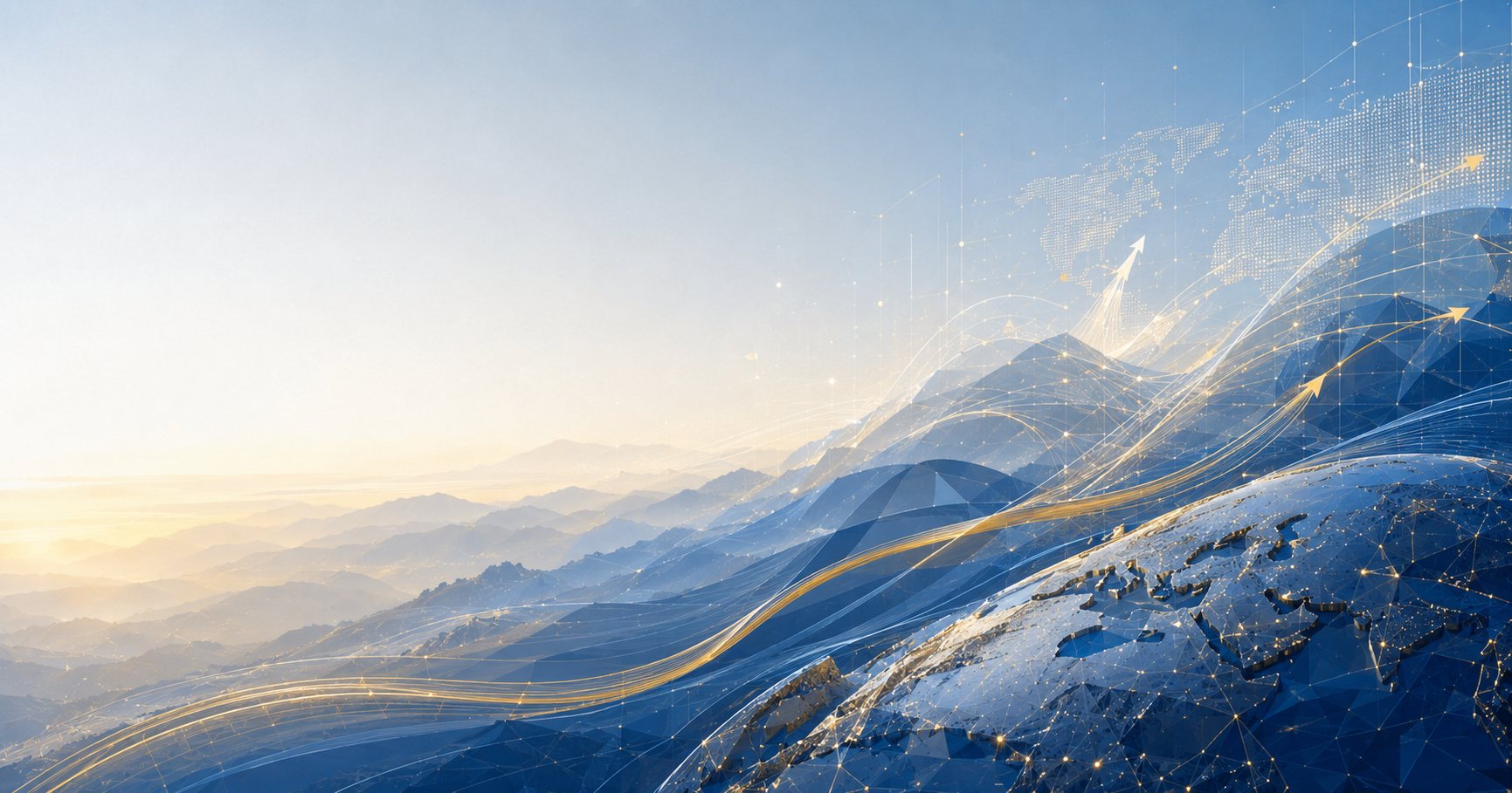 Arrows and flow lines over a polygonal globe — a daily trade stream crossing the market